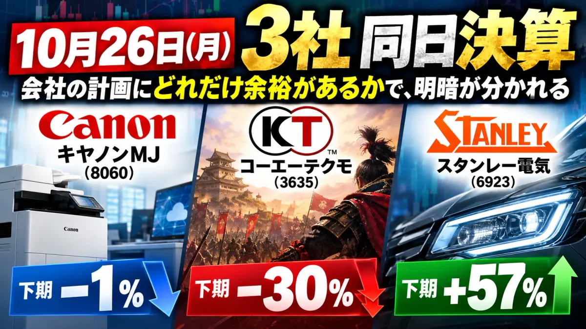 【キヤノンMJ(8060)・コーエーテクモ(3635)・スタンレー電気(6923)決算比較】下期の営業益ハードルは−1%・−30%・+57%──10/26決算の注目点と株価3シナリオ【2026年10月】