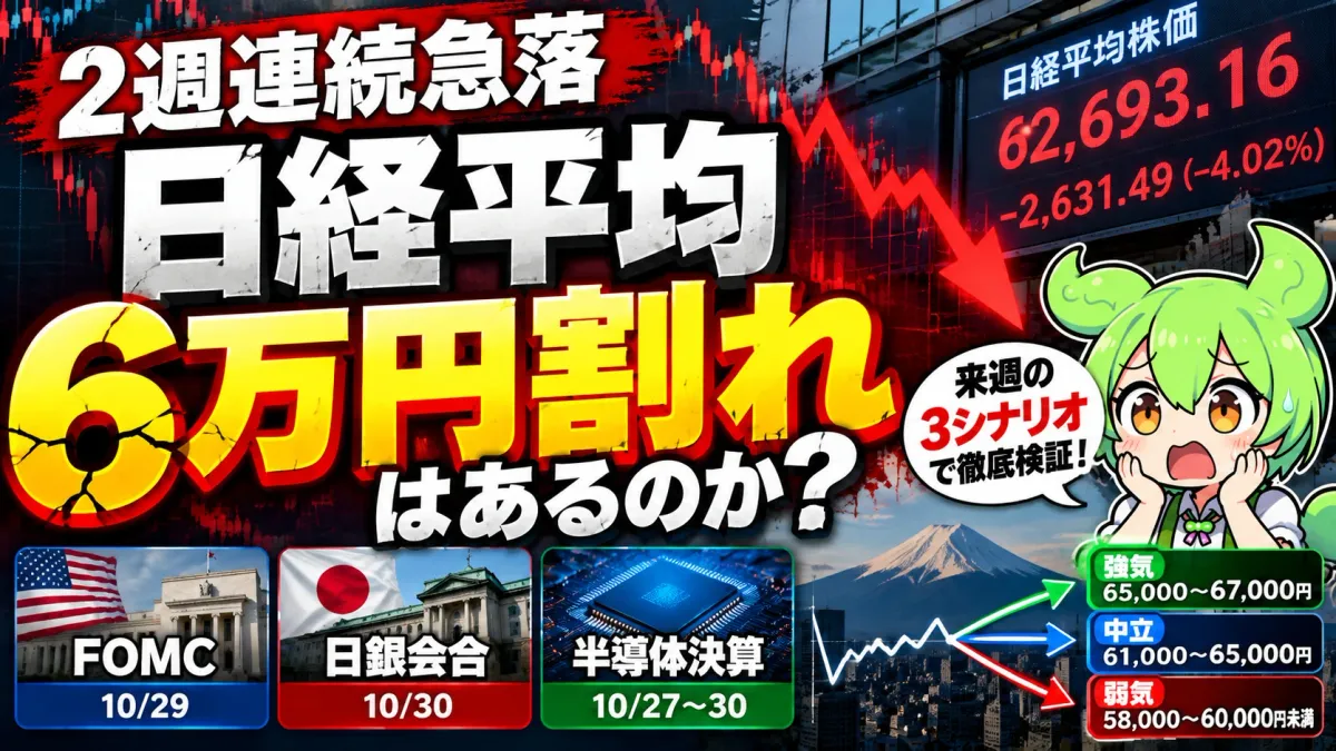 【日経平均6万円割れはある？】2週連続急落、FOMC・日銀会合・半導体決算で来週の株価を3シナリオ分析【2026年10月】