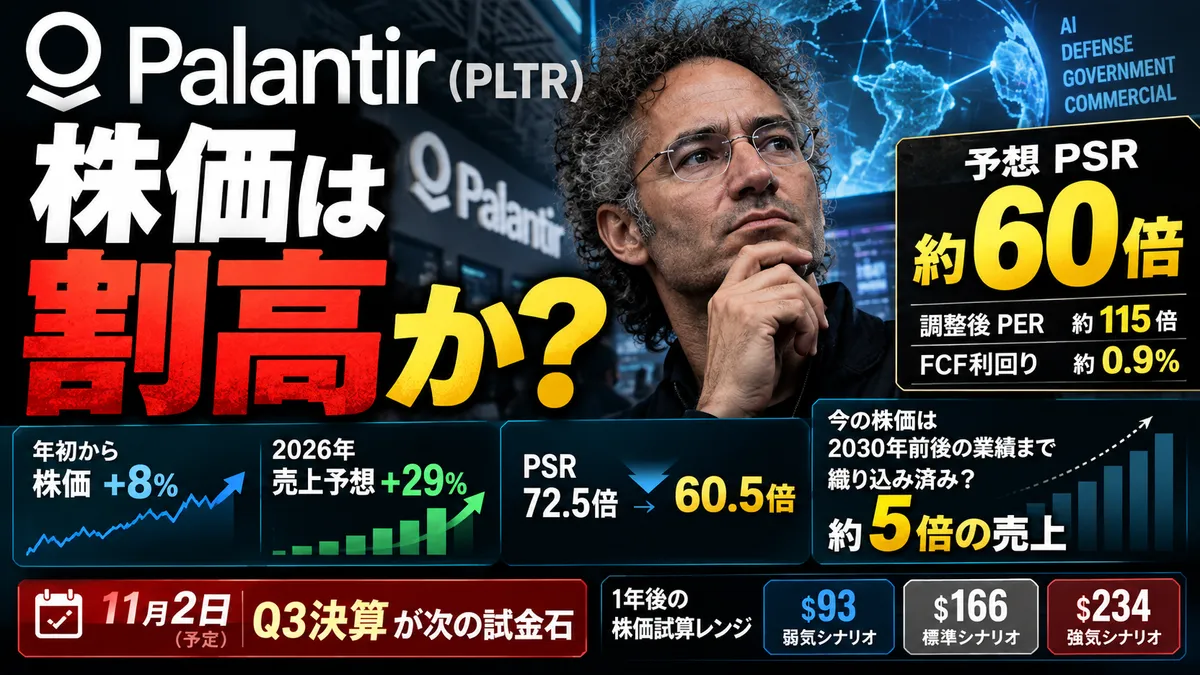 パランティア（PLTR）株価は割高か？PSR60倍を徹底試算 ── 株価横ばい×業績上方修正で縮んだ倍率と3つのシナリオ【2026年10月】
