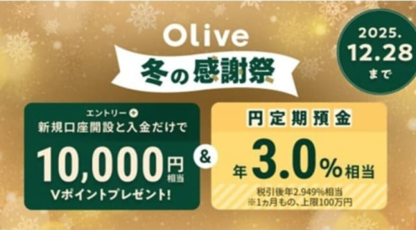 【朗報】三井住友銀行Olive口座開設でVポイント1万円やんけ!