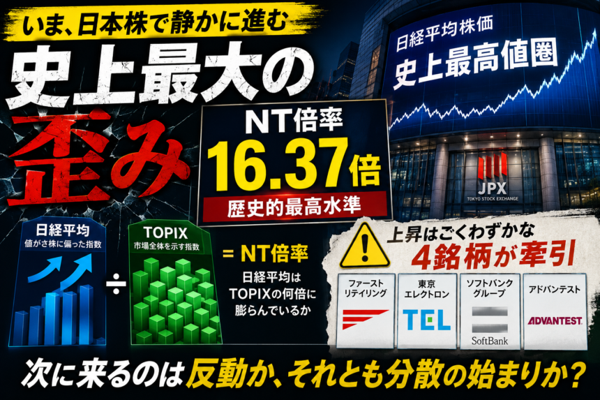 【本命】【NT倍率16.37倍】日経平均「最高値」の裏で起きている異常 ── 指数を担ぐ実質4銘柄の正体