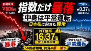 NT倍率16.37倍の異常値が示す日本株の歪み――本日の日経急落は「4銘柄相場」終焉の第一波か