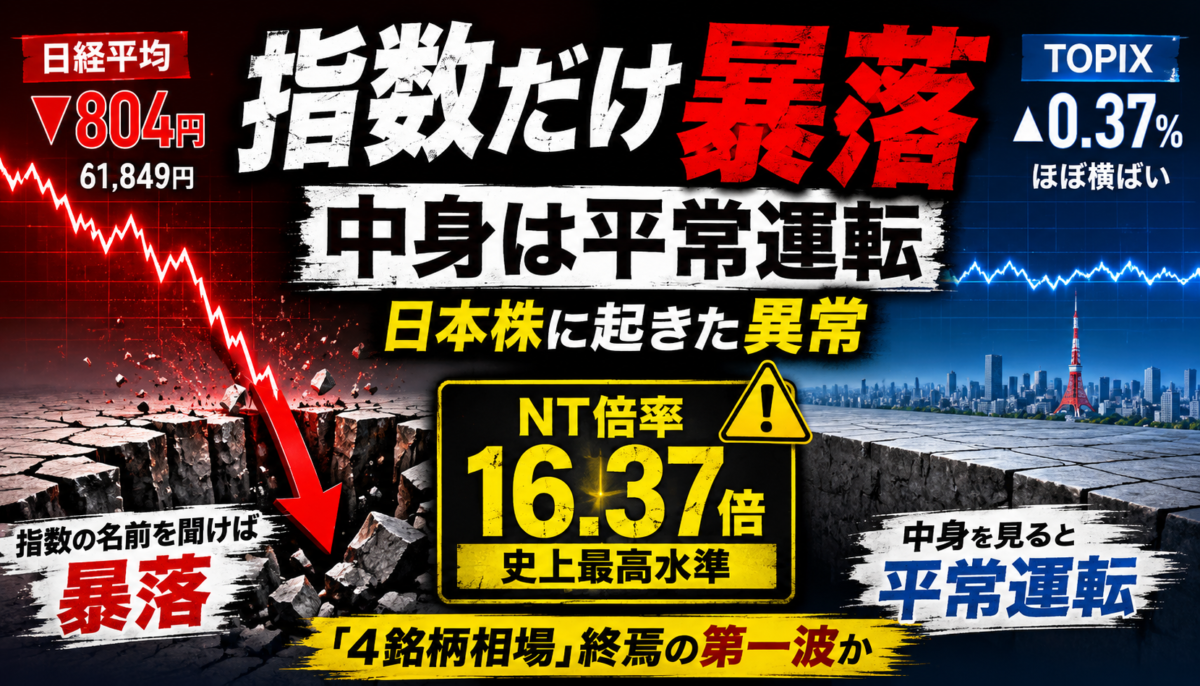 NT倍率16.37倍の異常値が示す日本株の歪み――本日の日経急落は「4銘柄相場」終焉の第一波か