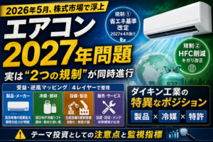 「エアコン『2027年問題』— 日付確定型の構造テーマを4レイヤーで分解する」