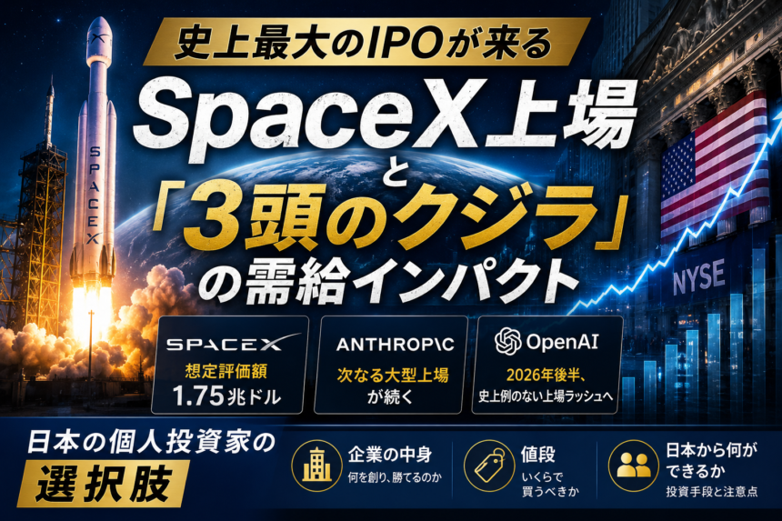 史上最大のIPOが来る ― SpaceX上場と「3頭のクジラ」の需給インパクト、日本の個人投資家の選択肢
