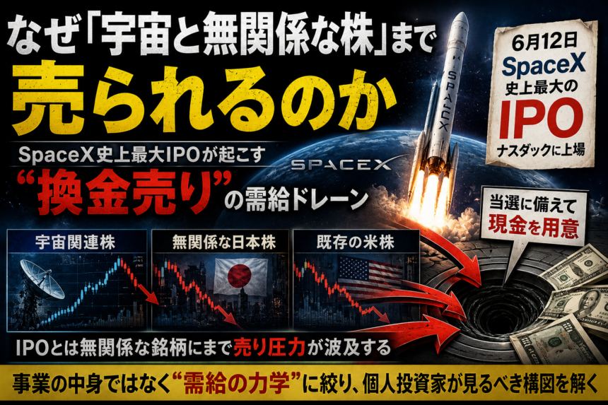 なぜ「宇宙と無関係な株」まで売られるのか ―― SpaceX史上最大IPOが起こす“換金売り”の需給ドレーン